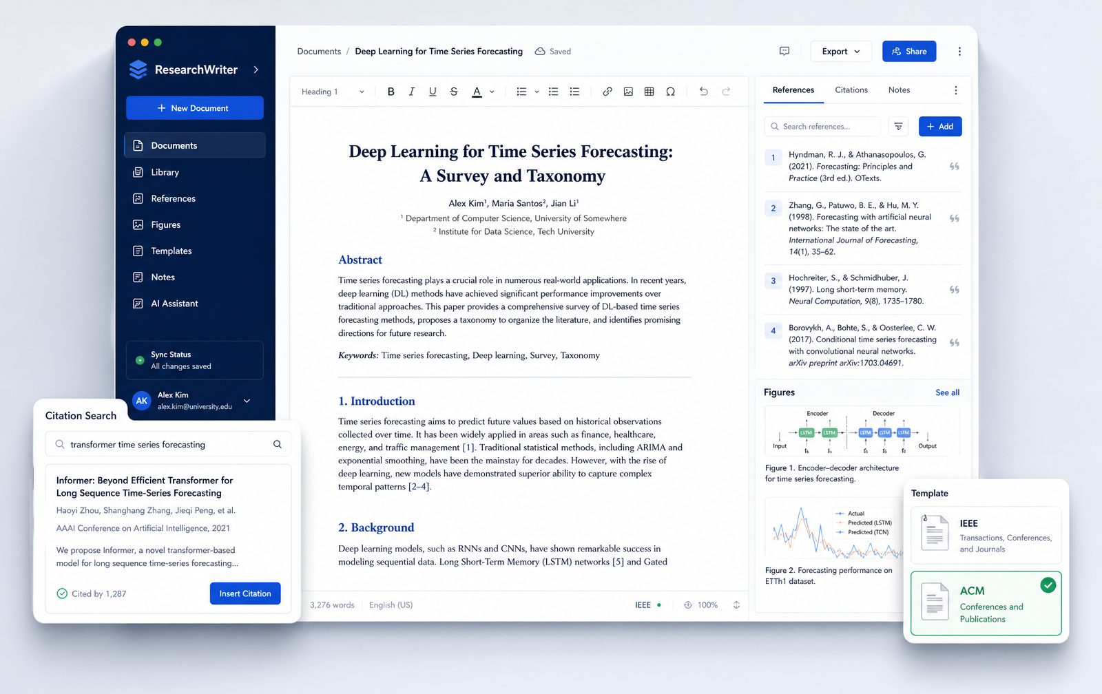 Formaty research workspace showing a manuscript, citation search and template switcher