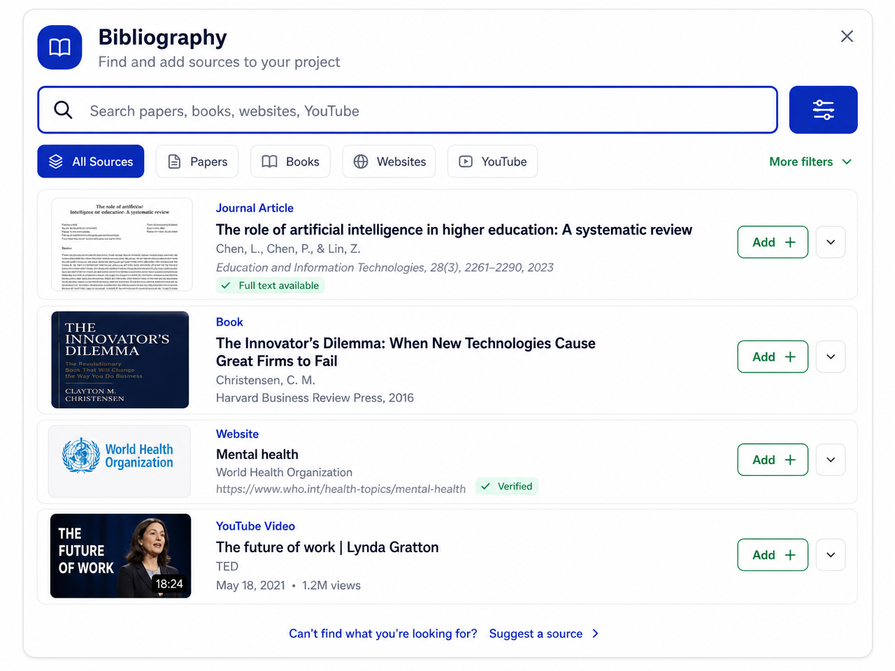 Formaty bibliography panel with in-app source search results
